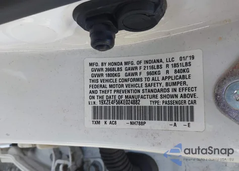 2019 Honda Insight Ex z USA, uszkodzony, nr VIN 19XZE4F56KE024882